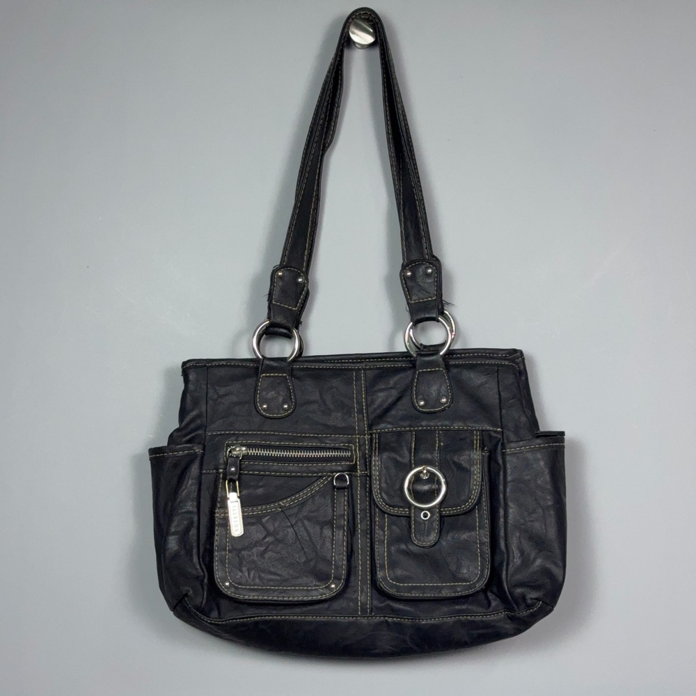 Rosetti Faux Leather Y2K Shoulder Bag Womens Multi Pocket Black Goth